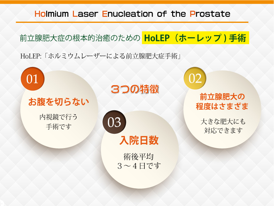 前立腺肥大症の根本的治癒のための  HoLEP（ホーレップ)手術
HoLEP:「ホルミウムレーザーによる前立腺肥大症手術」
【３つの特徴】
01：お腹を切らない　内視鏡で行う手術です
02：前立腺肥大の程度はさまざま　大きな肥大にも対応できます
03：入院日数　術後平均３～４日です